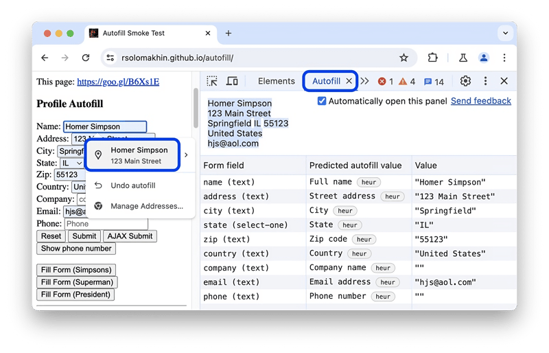 New Autofill Panel in Chrome DevTools